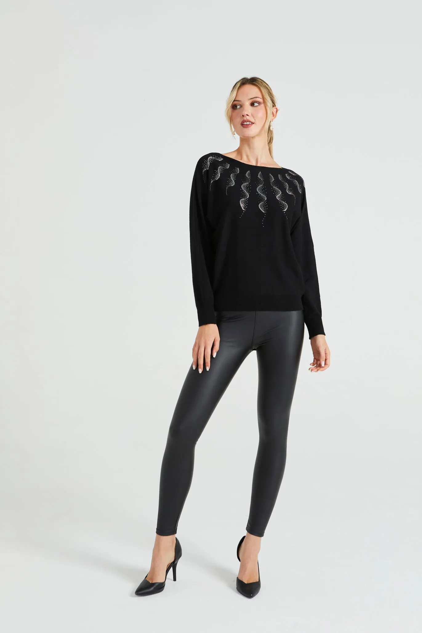 Angeleye Diamonte Neck Detail Batwing Jumper In Black