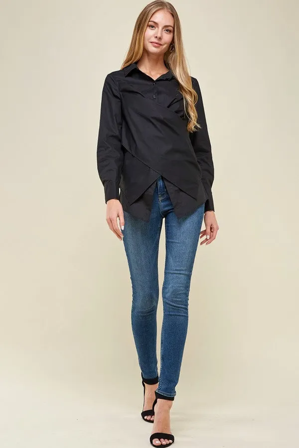 Black Crossover Woven Buttoned Casual Shirt Top