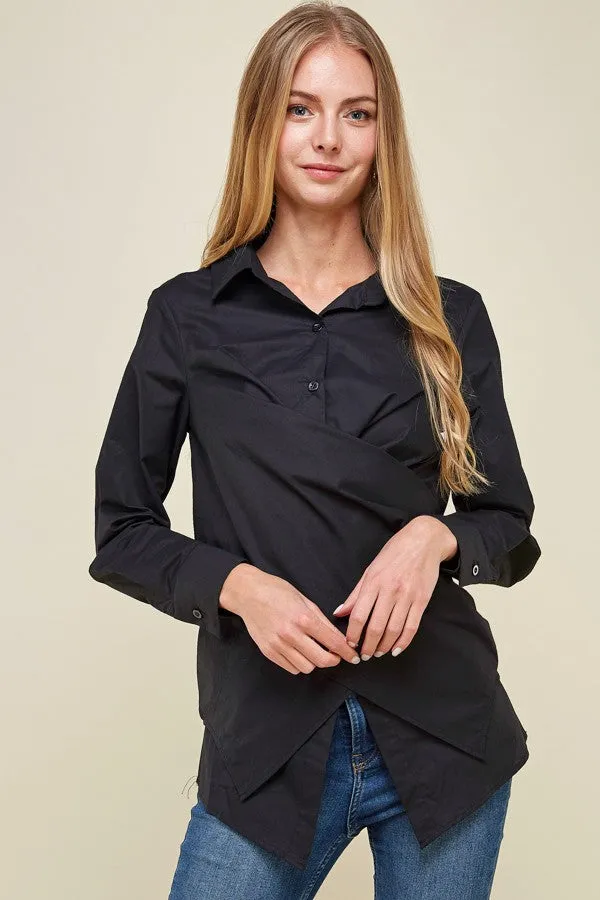 Black Crossover Woven Buttoned Casual Shirt Top