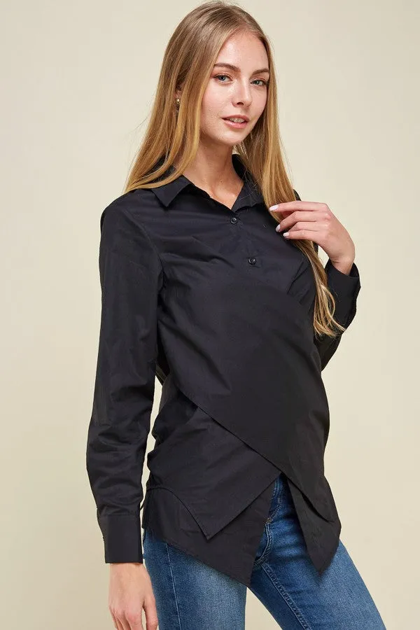 Black Crossover Woven Buttoned Casual Shirt Top