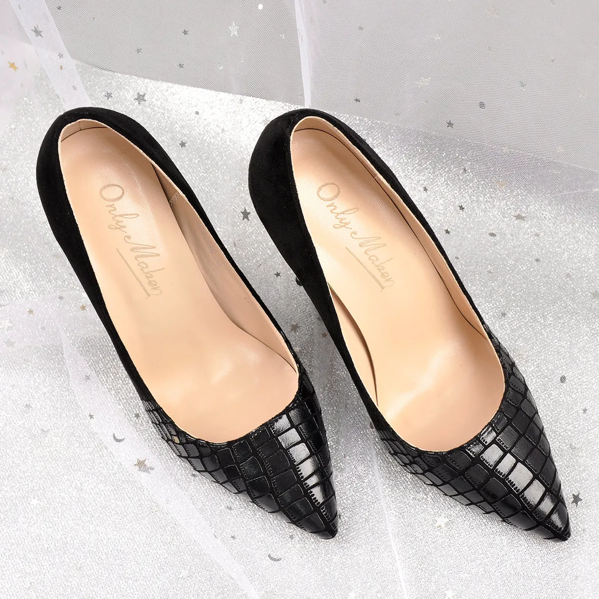 Black Pointed Toe Pumps Chunky Heels Slip on Pumps