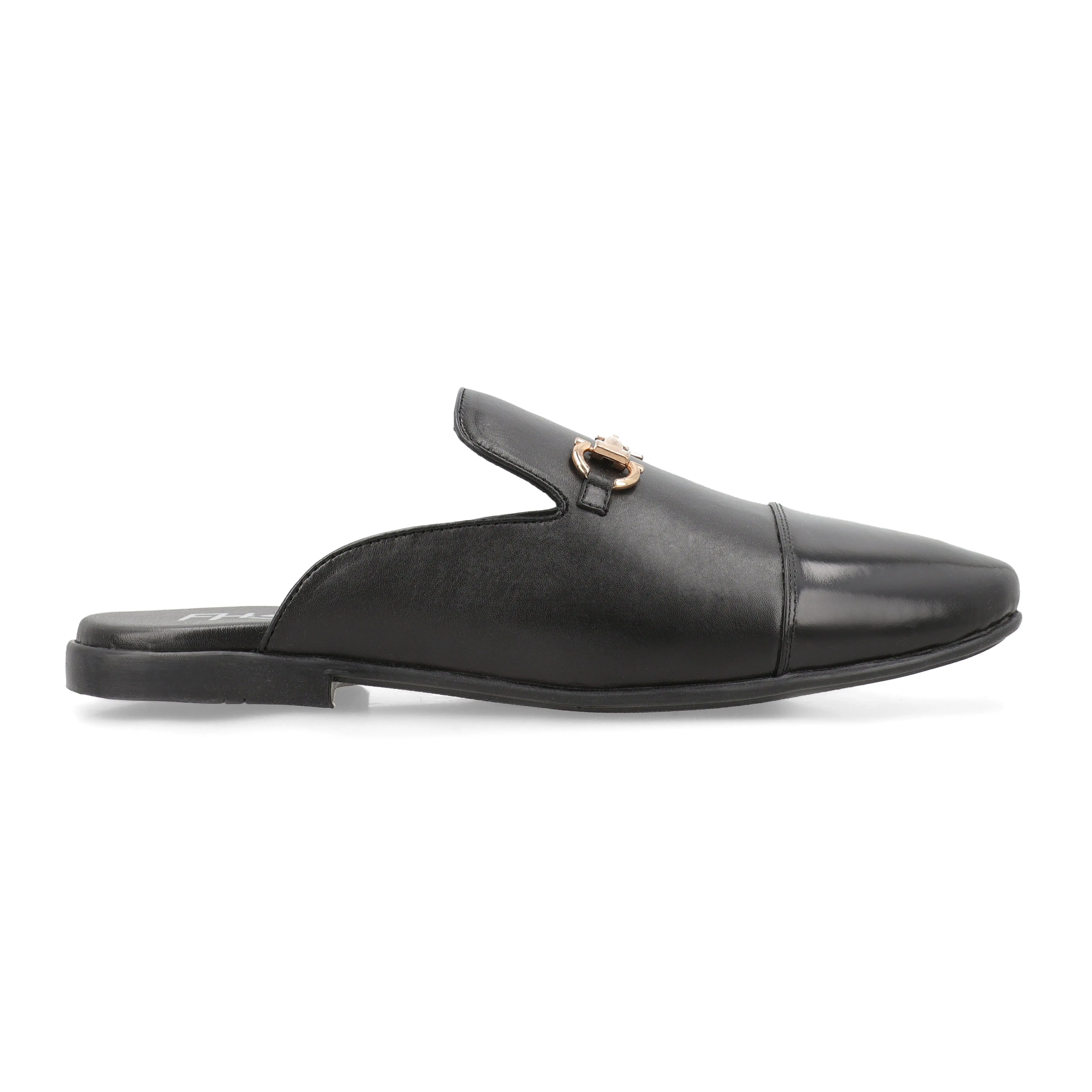 Brass Buckled Mules - Black