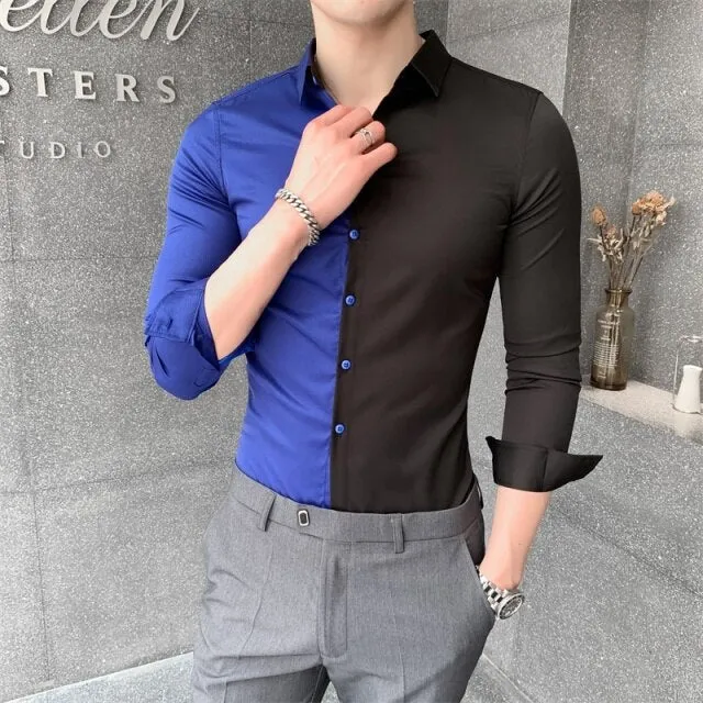 British Style Patchwork Long Sleeve Simple All Match Casual Shirt for Men