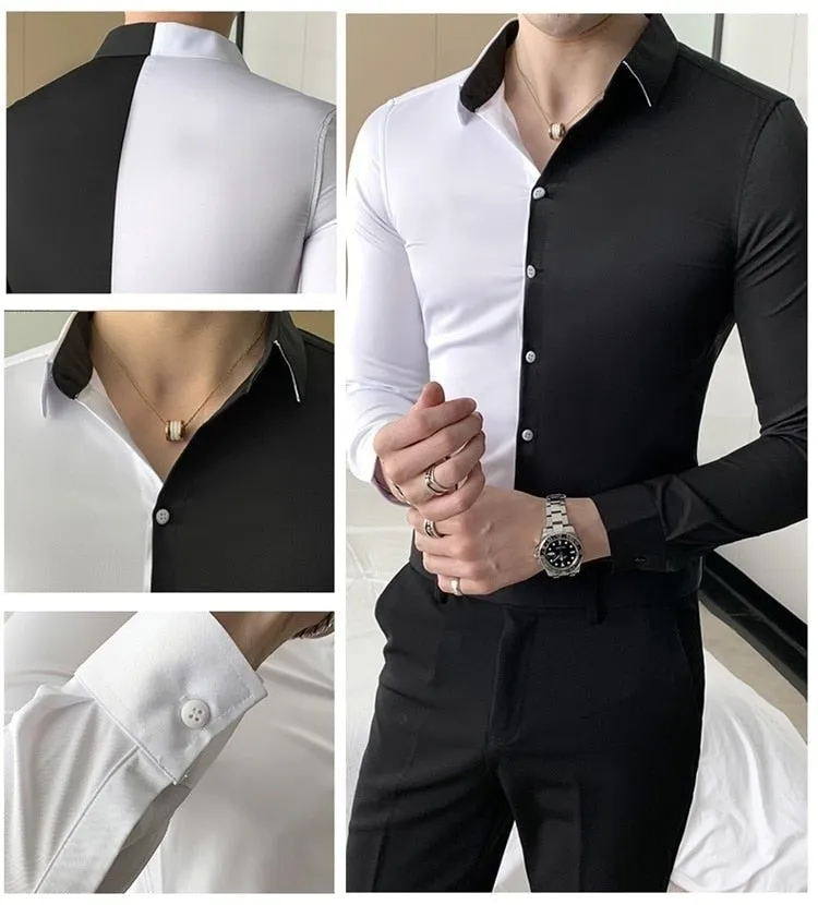 British Style Patchwork Long Sleeve Simple All Match Casual Shirt for Men