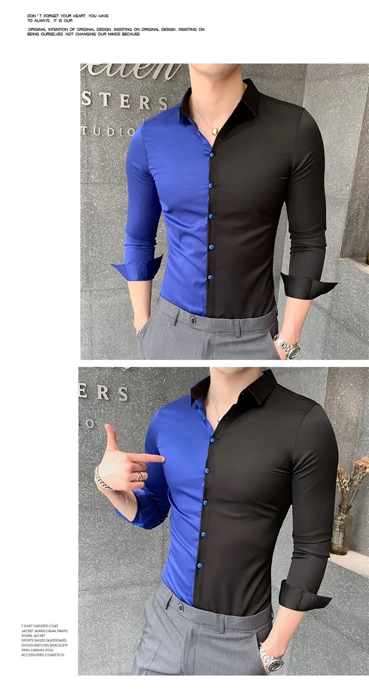 British Style Patchwork Long Sleeve Simple All Match Casual Shirt for Men