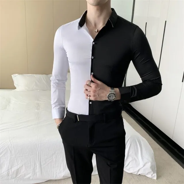 British Style Patchwork Long Sleeve Simple All Match Casual Shirt for Men