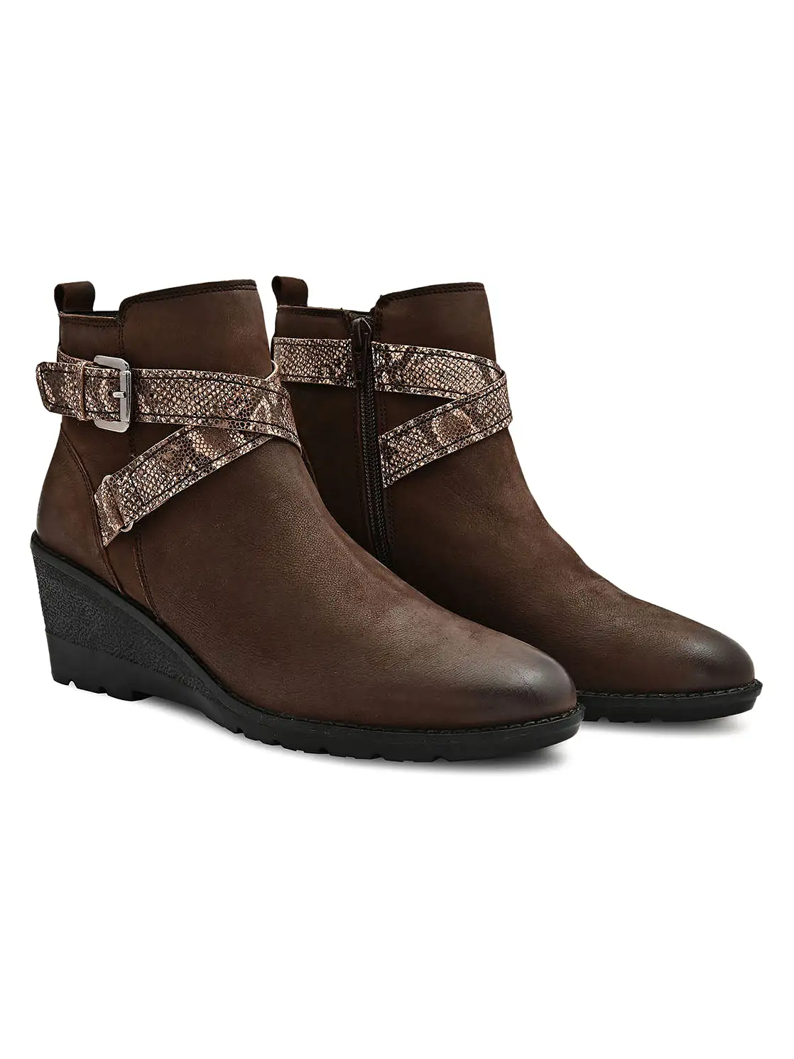 Brown Snake Print Wedge Ankle Boots