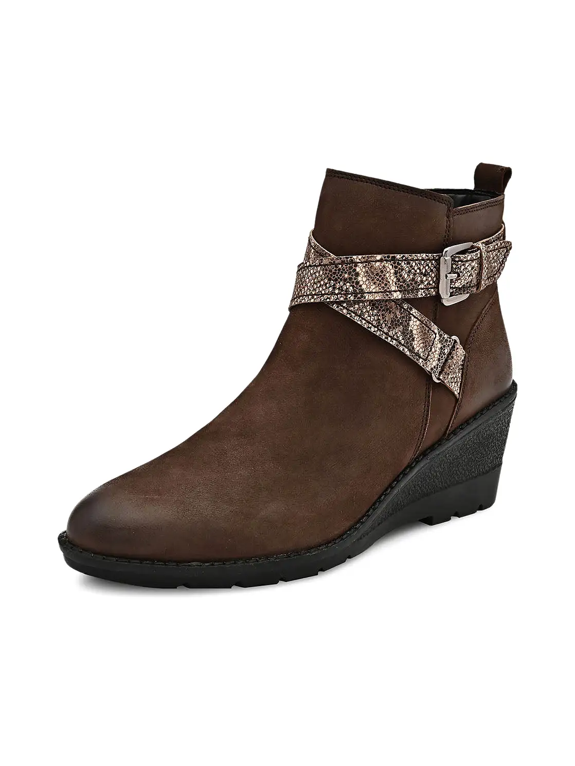 Brown Snake Print Wedge Ankle Boots