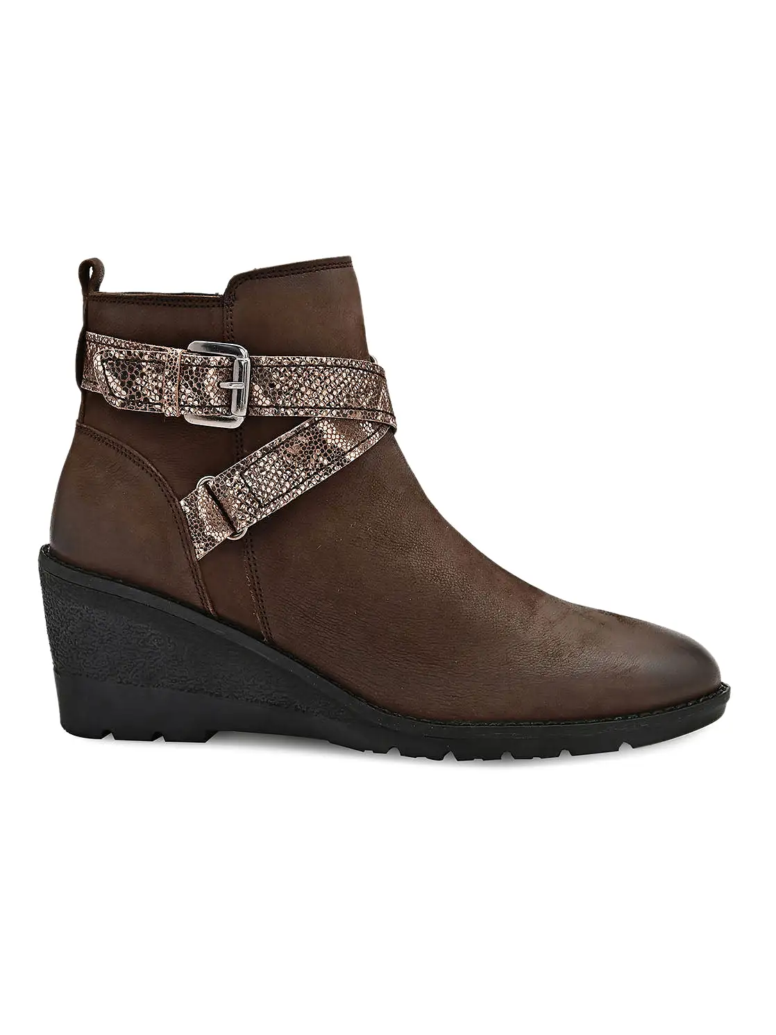 Brown Snake Print Wedge Ankle Boots