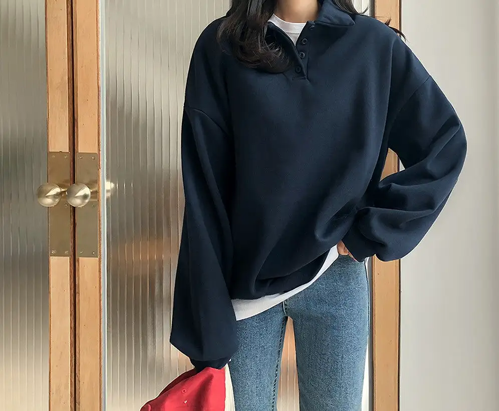 Casual Cozy Brushed Sweatshirts Long Sleeved Tops for Womens Warm Korean Kpop Style