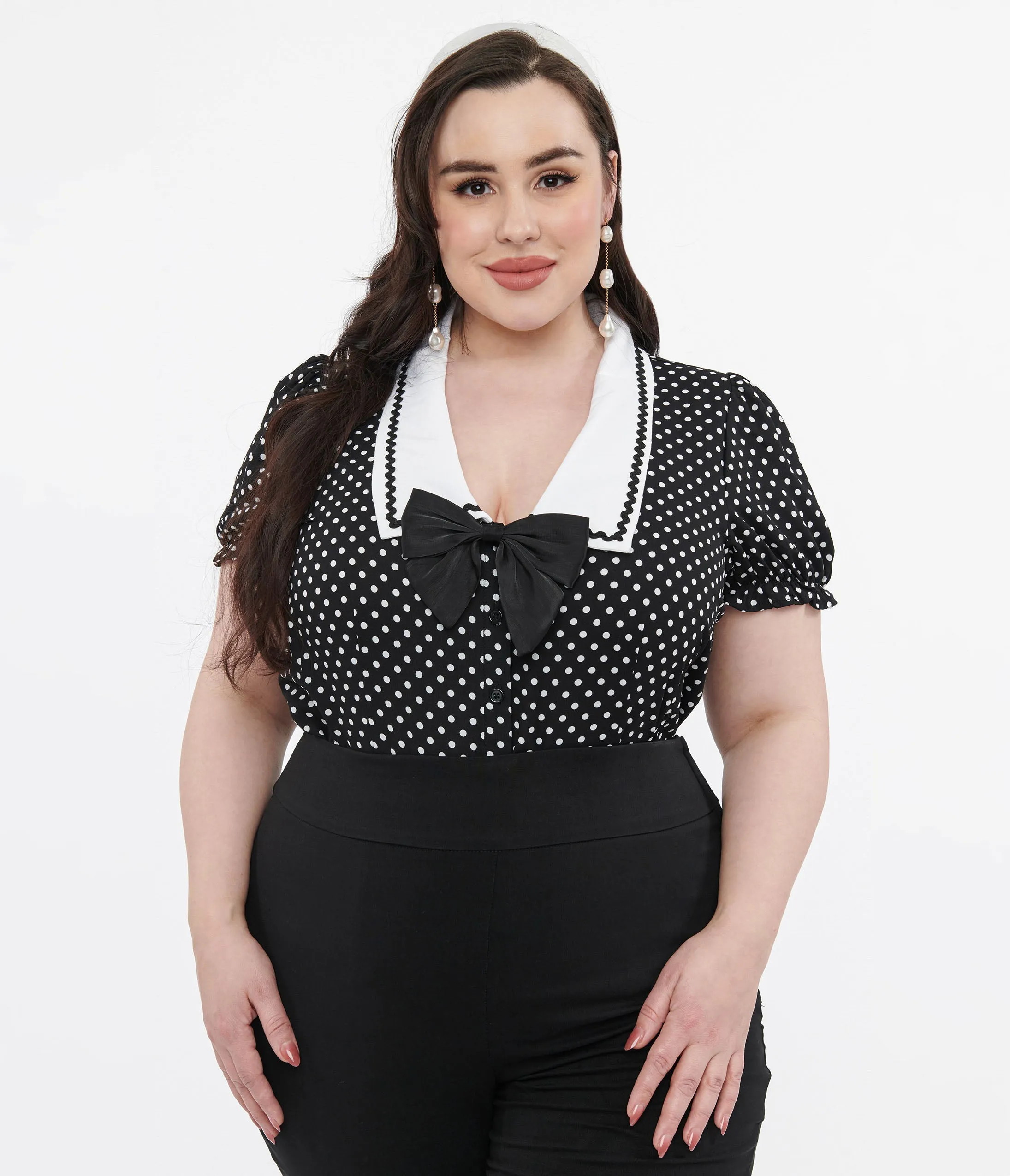 Hell Bunny Plus Size 1950s Black & White Polka Dot Naomi Blouse