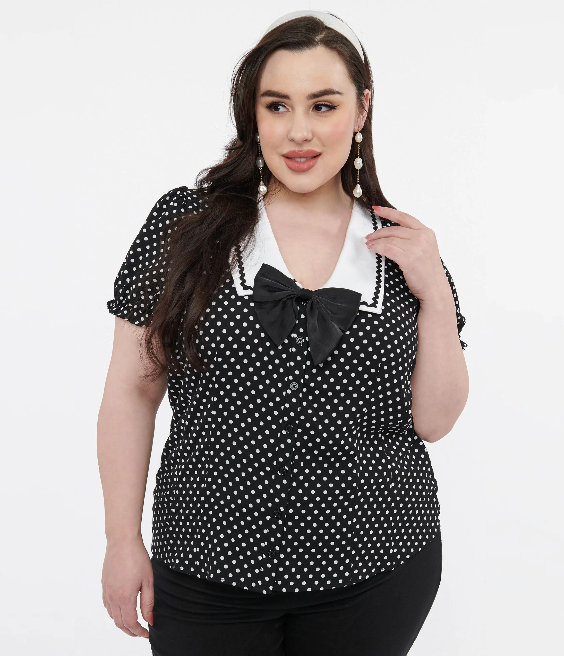 Hell Bunny Plus Size 1950s Black & White Polka Dot Naomi Blouse