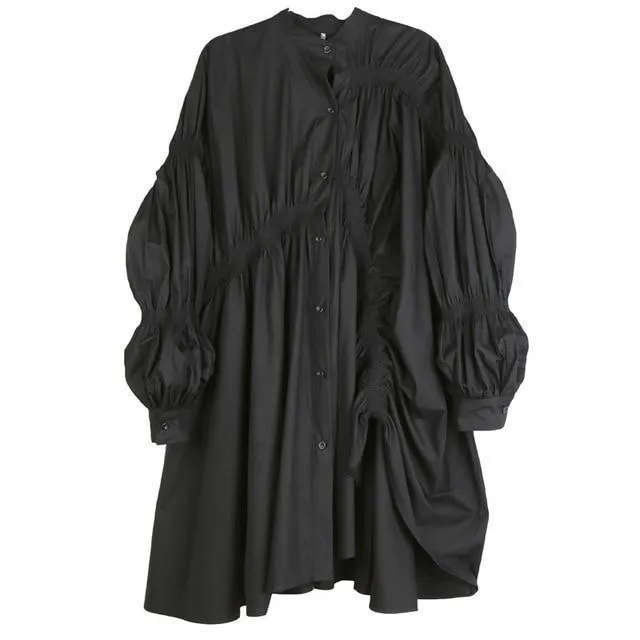 Hotaru Long Sleeve Pleated Shirt Dress - Black