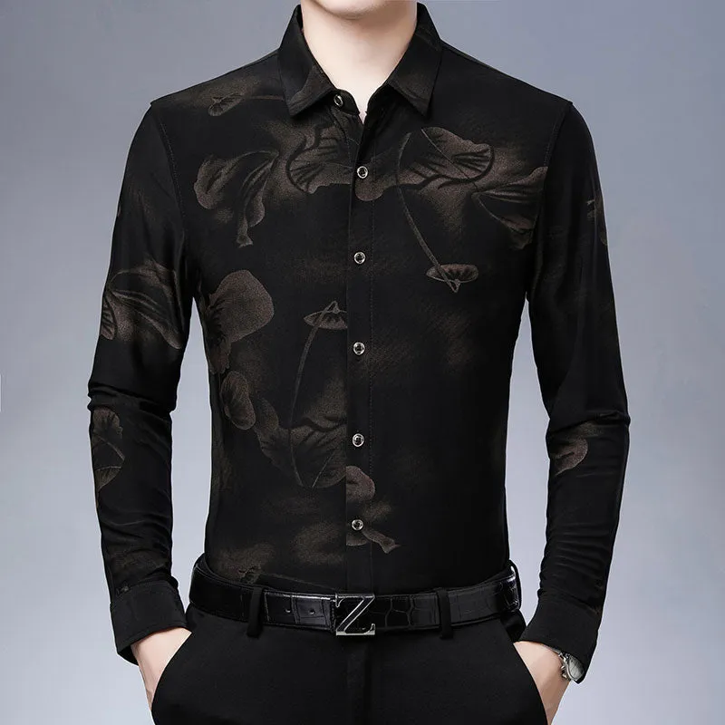 Korean Fashion Floral Pattern Square Collar Long Sleeve Shirt for Men