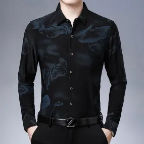 Korean Fashion Floral Pattern Square Collar Long Sleeve Shirt for Men