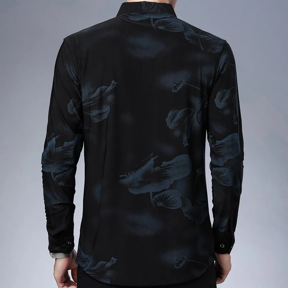 Korean Fashion Floral Pattern Square Collar Long Sleeve Shirt for Men