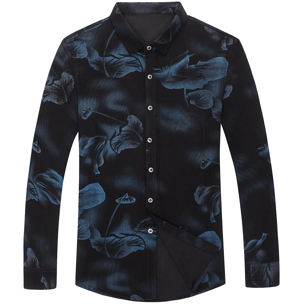 Korean Fashion Floral Pattern Square Collar Long Sleeve Shirt for Men