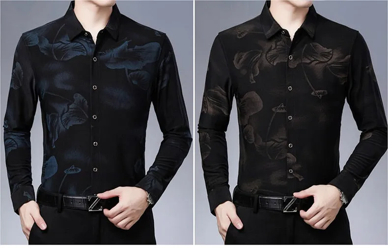 Korean Fashion Floral Pattern Square Collar Long Sleeve Shirt for Men