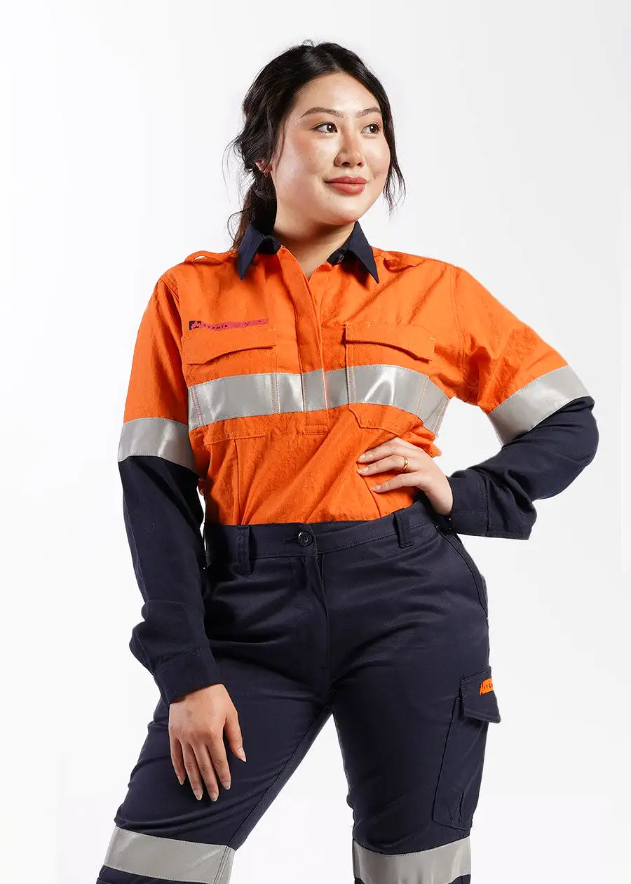 Ladies FR closed front spliced taped hi vis shirt