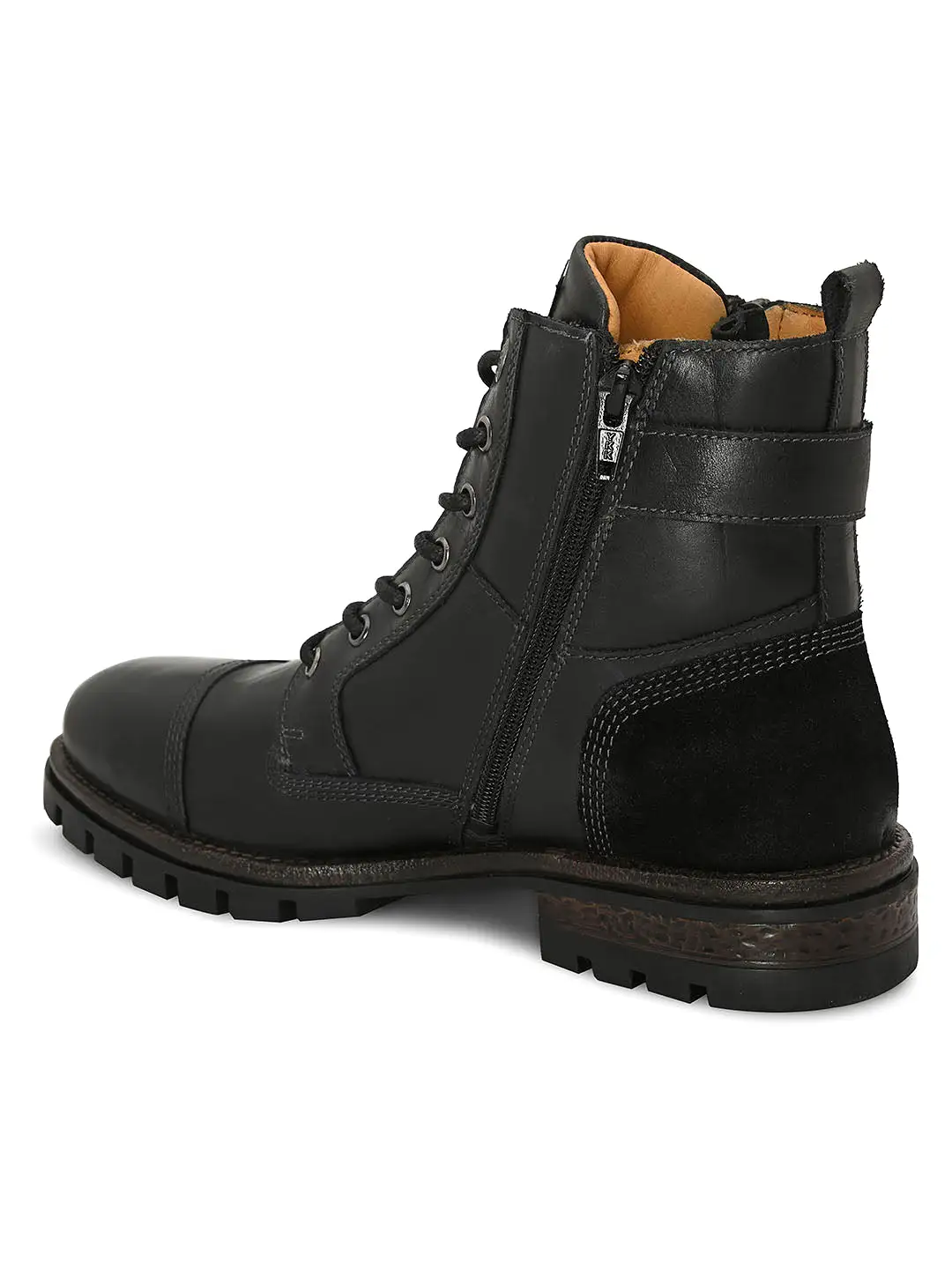 Men Black Cap toe side zipper buckled boots