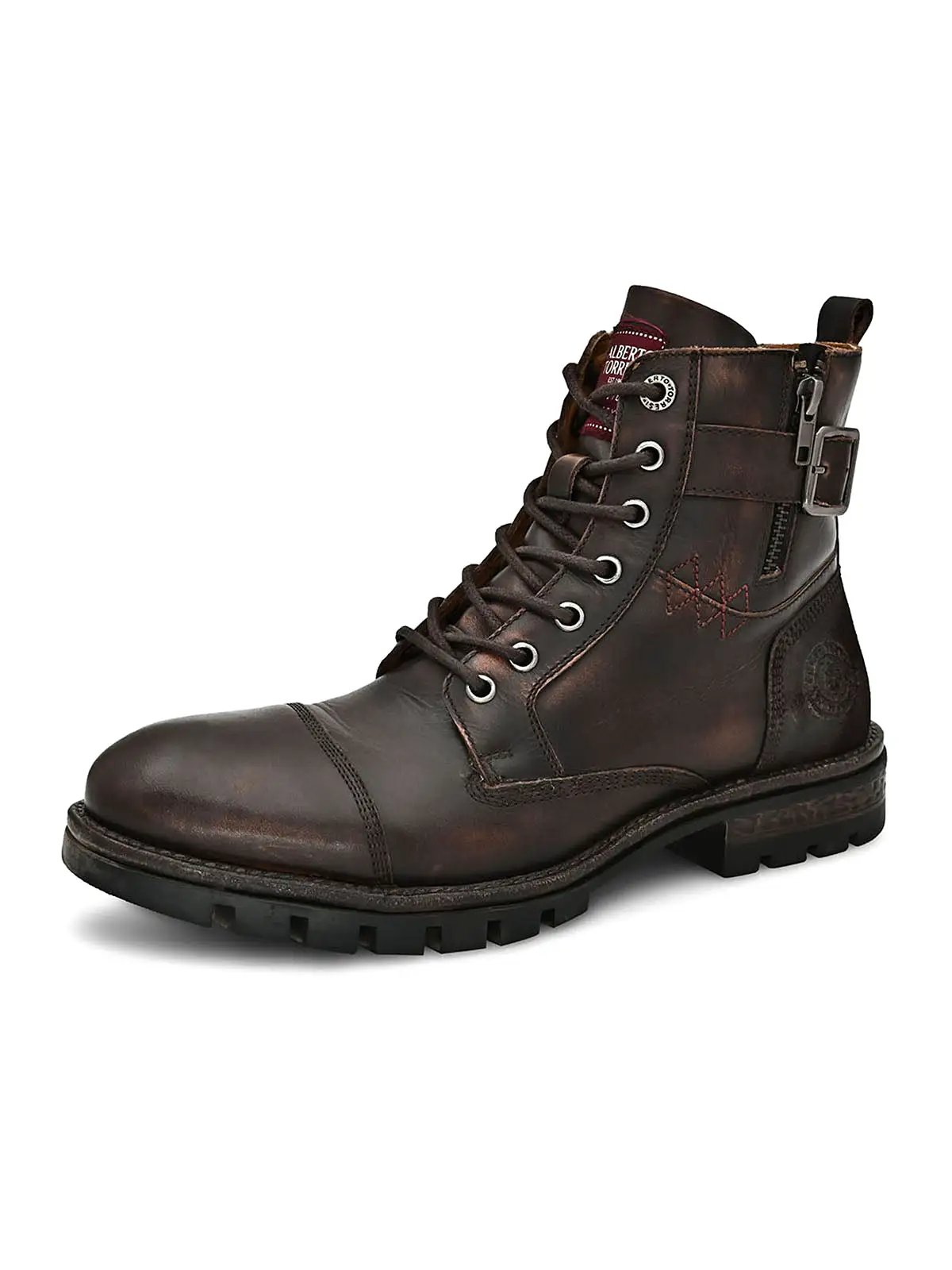 Men Brown Cap toe side zipper buckled boots