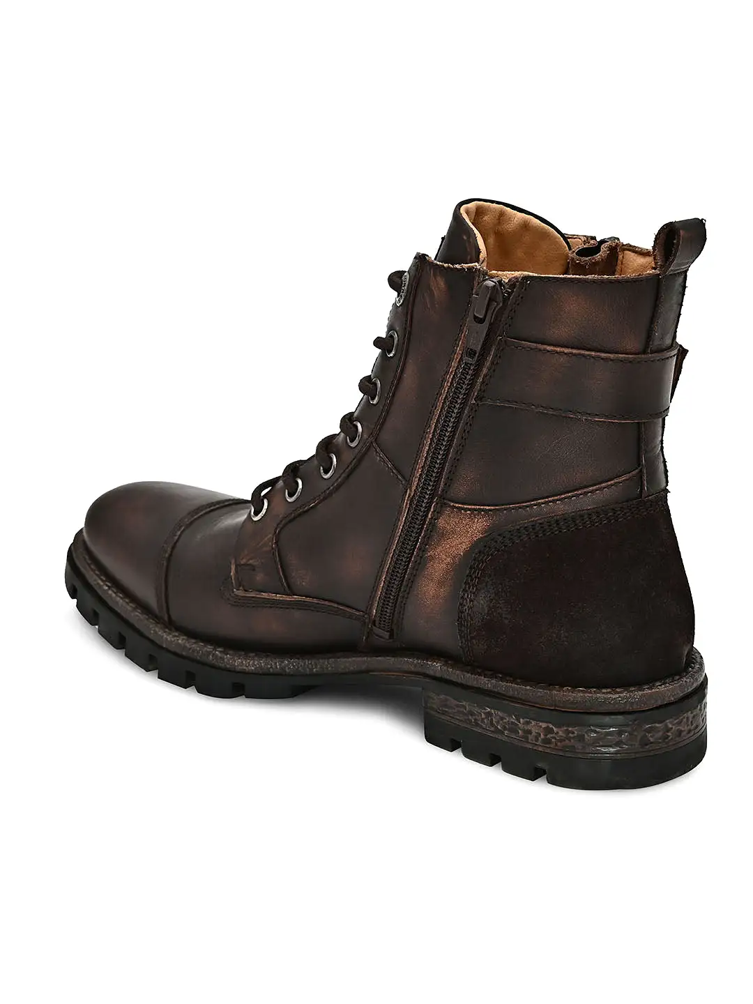 Men Brown Cap toe side zipper buckled boots