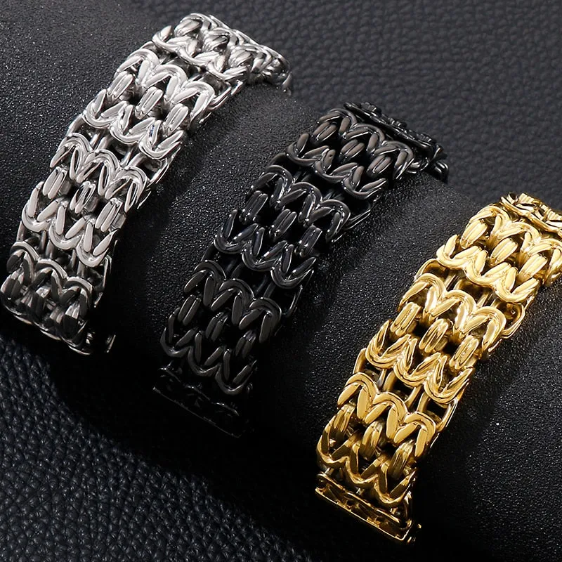 Men's Black Gold Plated Stainless Steel Double Row Chain Hand Wrist Bracelet