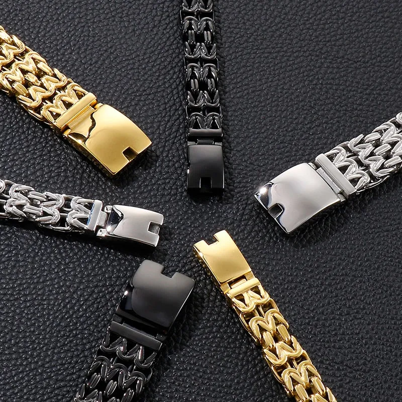 Men's Black Gold Plated Stainless Steel Double Row Chain Hand Wrist Bracelet