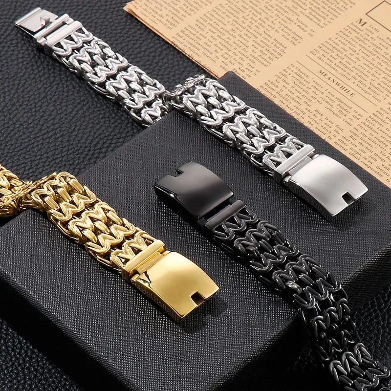 Men's Black Gold Plated Stainless Steel Double Row Chain Hand Wrist Bracelet