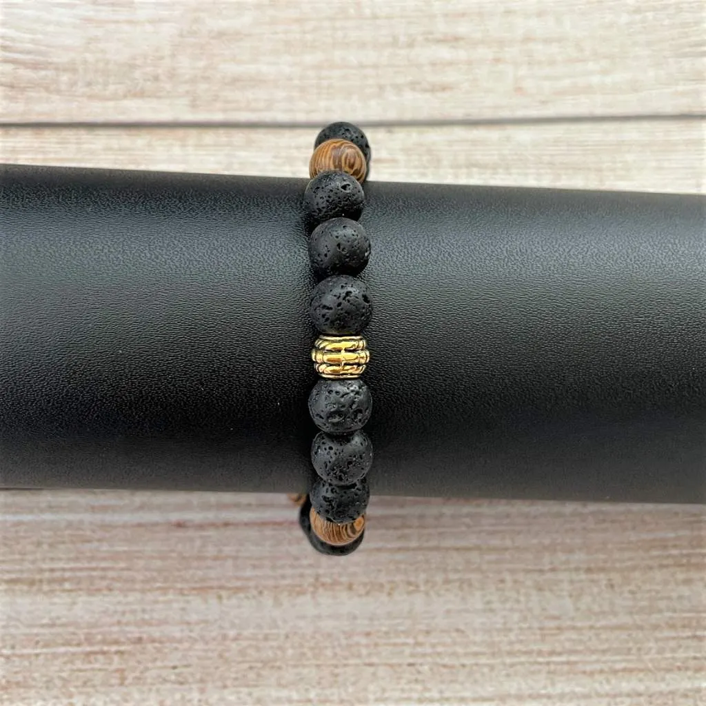 Mens Black Lava and Wood Beaded Bracelet