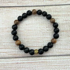 Mens Black Lava and Wood Beaded Bracelet