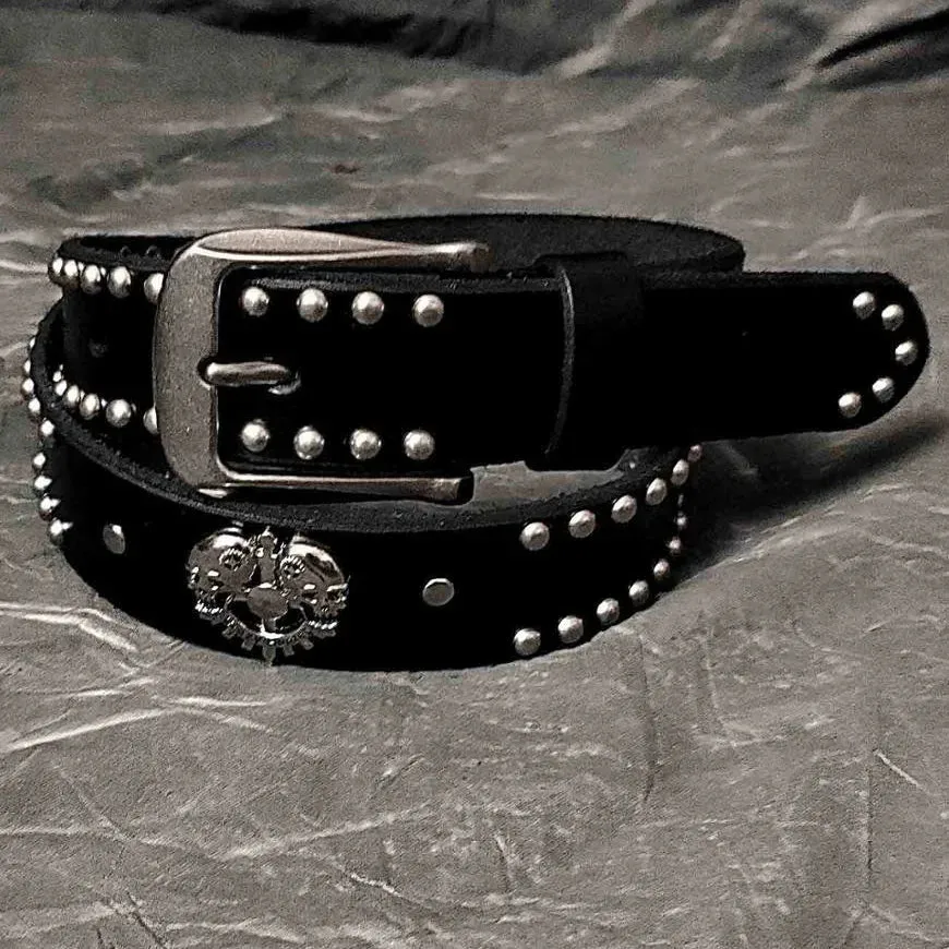 Men's Black Punk Style Skull Rivet Genuine Leather Biker Waist Belt