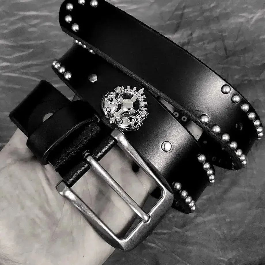 Men's Black Punk Style Skull Rivet Genuine Leather Biker Waist Belt