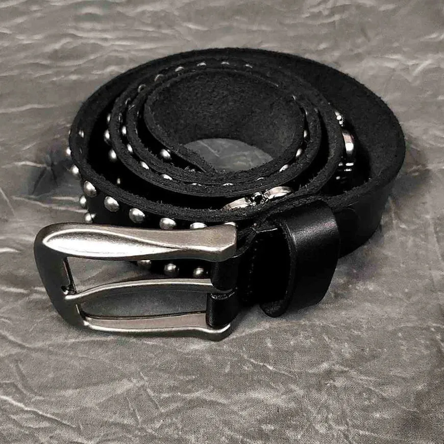 Men's Black Punk Style Skull Rivet Genuine Leather Biker Waist Belt