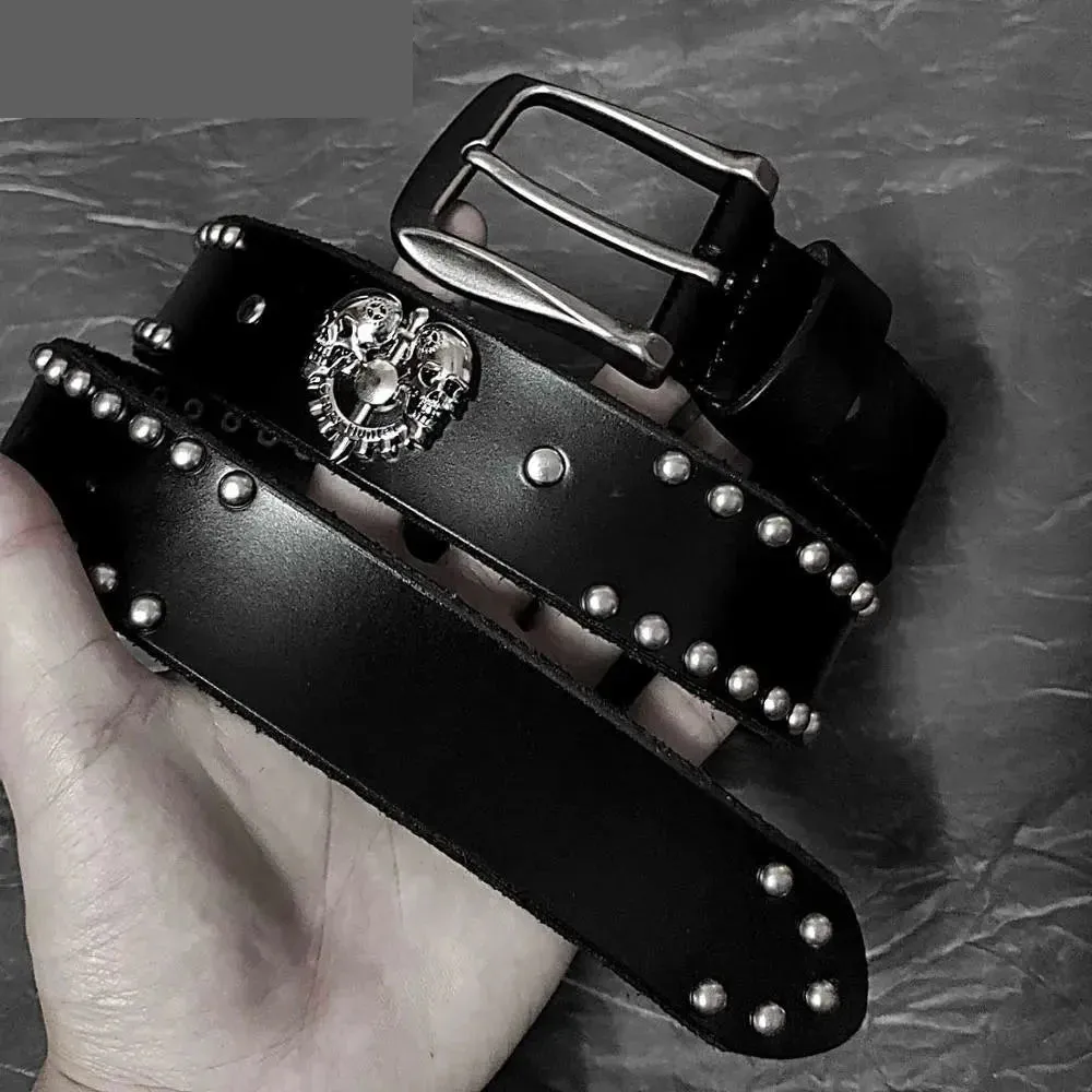 Men's Black Punk Style Skull Rivet Genuine Leather Biker Waist Belt