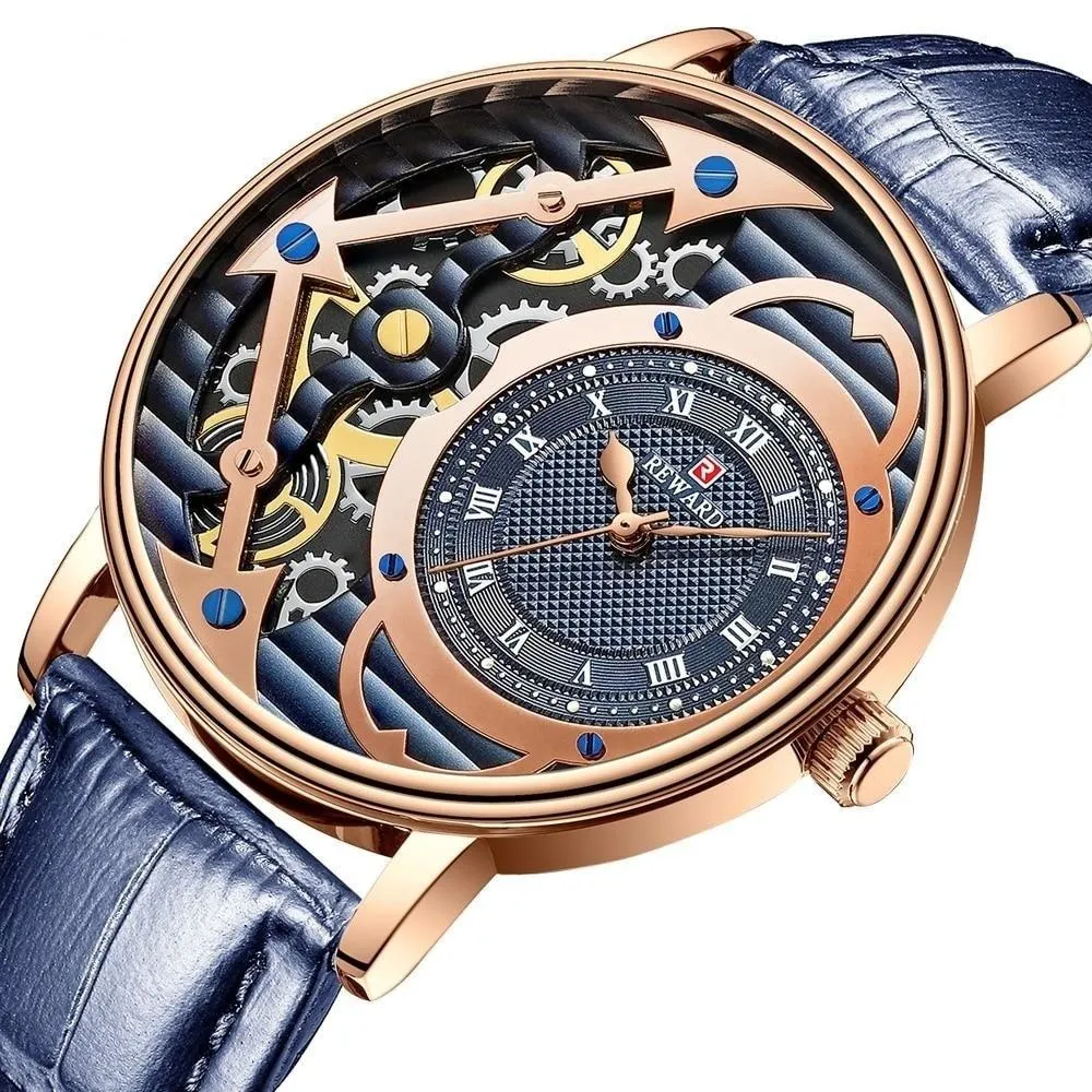 Men's Classic Rose Gold Skeleton Creative Quartz Leather Watches