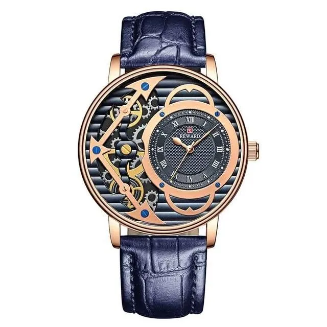 Men's Classic Rose Gold Skeleton Creative Quartz Leather Watches