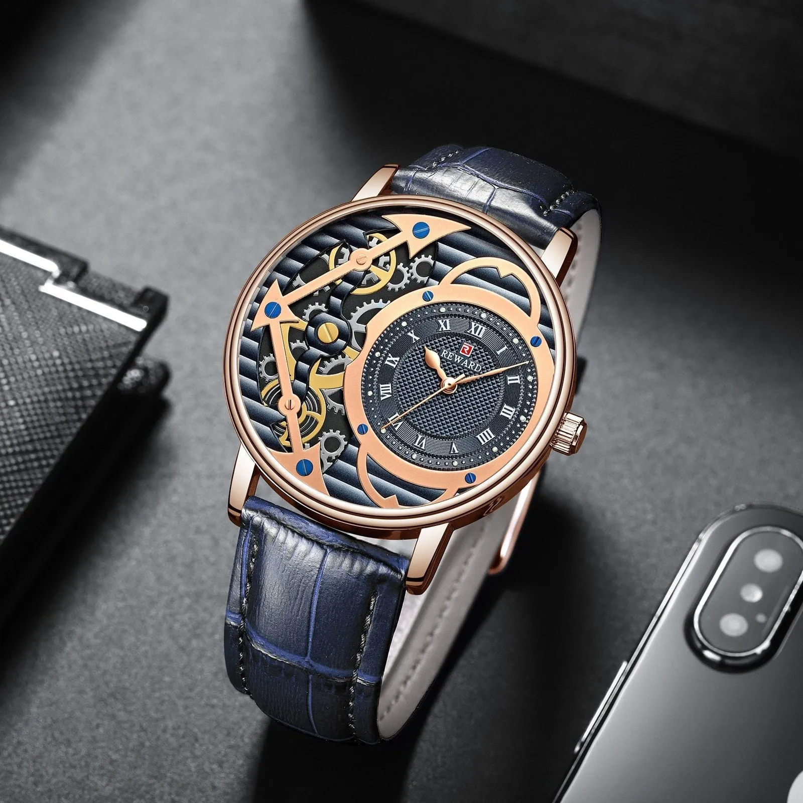 Men's Classic Rose Gold Skeleton Creative Quartz Leather Watches