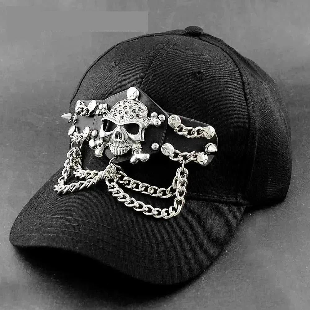 Men's Cool Metal Skull Chain Punk Biker Style Black Baseball Hat