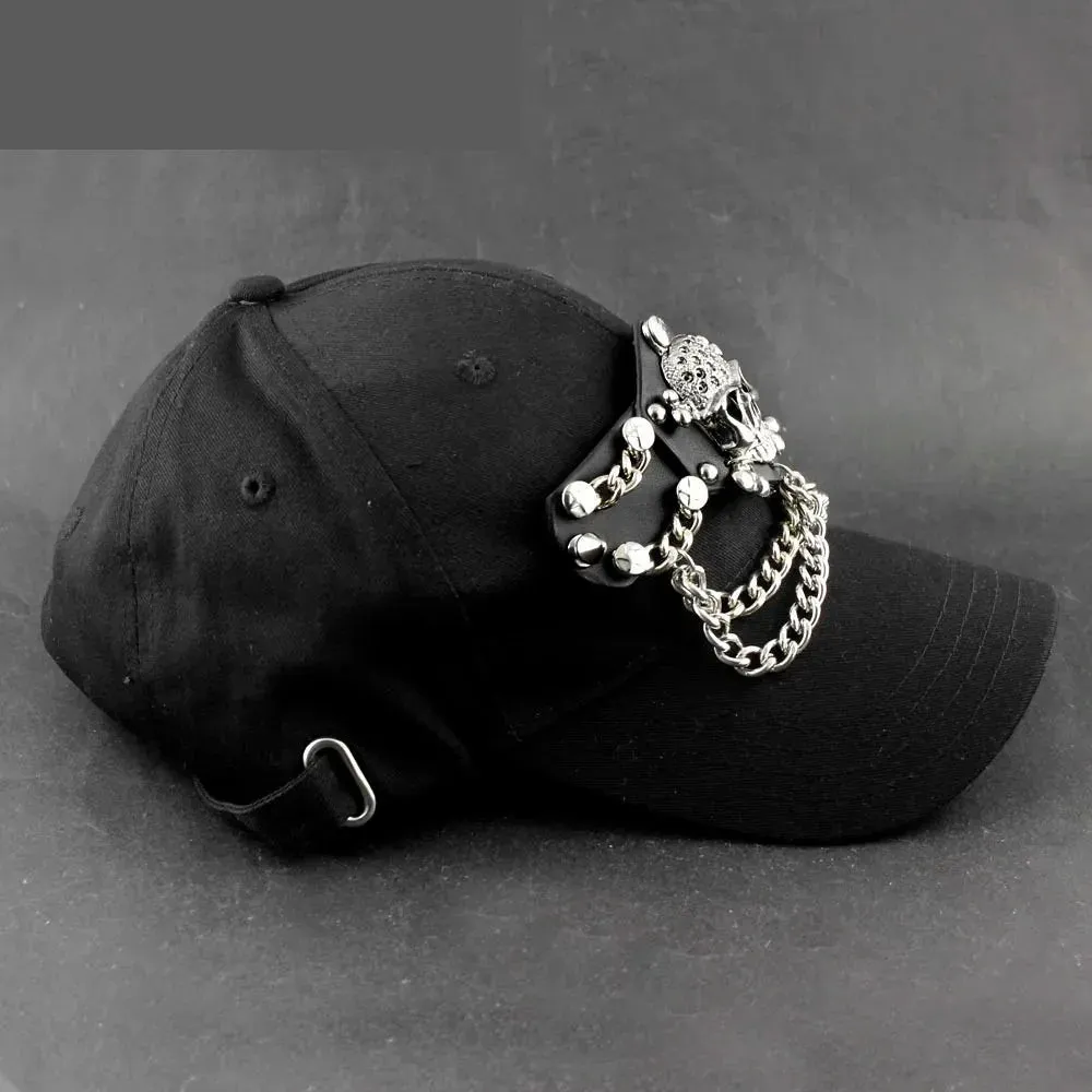 Men's Cool Metal Skull Chain Punk Biker Style Black Baseball Hat