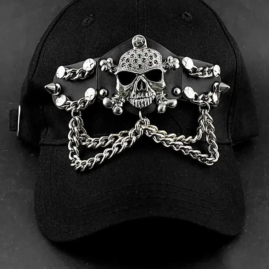 Men's Cool Metal Skull Chain Punk Biker Style Black Baseball Hat