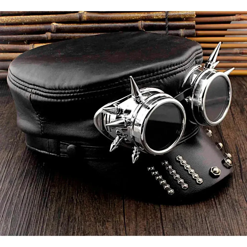 Men's Gothic Steampunk Genuine Leather Biker Cosplay Military Hat