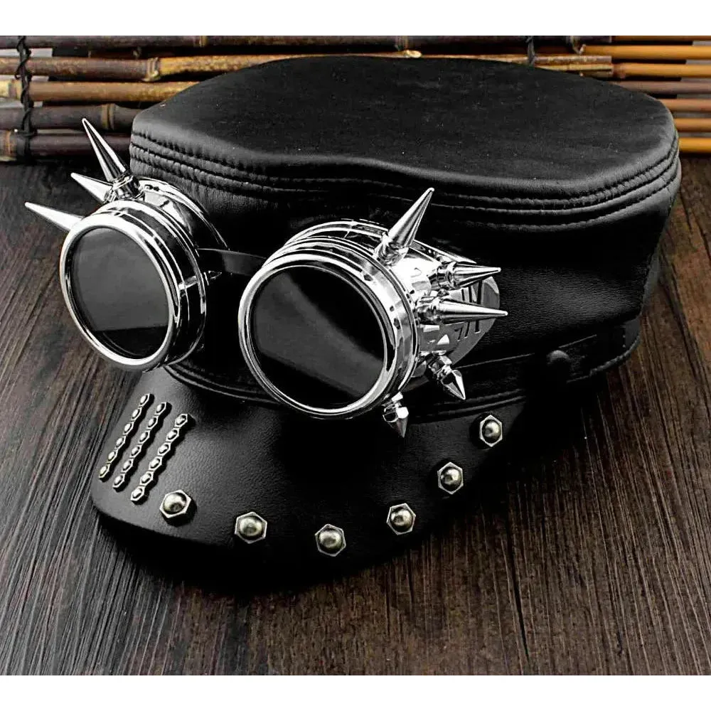 Men's Gothic Steampunk Genuine Leather Biker Cosplay Military Hat