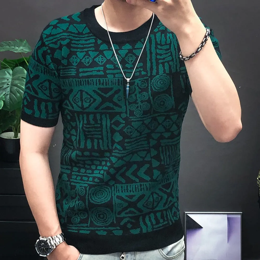 Men's High Elasticity Contrast Diamond Checkered Knitted Streetwear T-Shirt