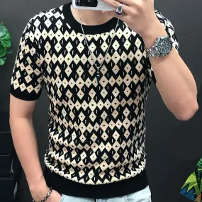 Men's High Elasticity Contrast Diamond Checkered Knitted Streetwear T-Shirt