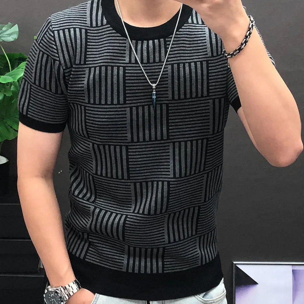 Men's High Elasticity Contrast Diamond Checkered Knitted Streetwear T-Shirt