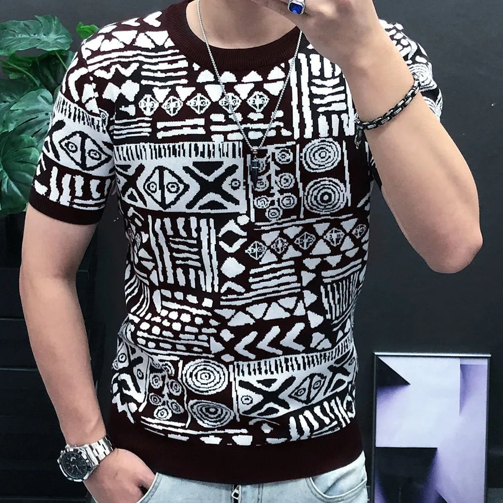 Men's High Elasticity Contrast Diamond Checkered Knitted Streetwear T-Shirt