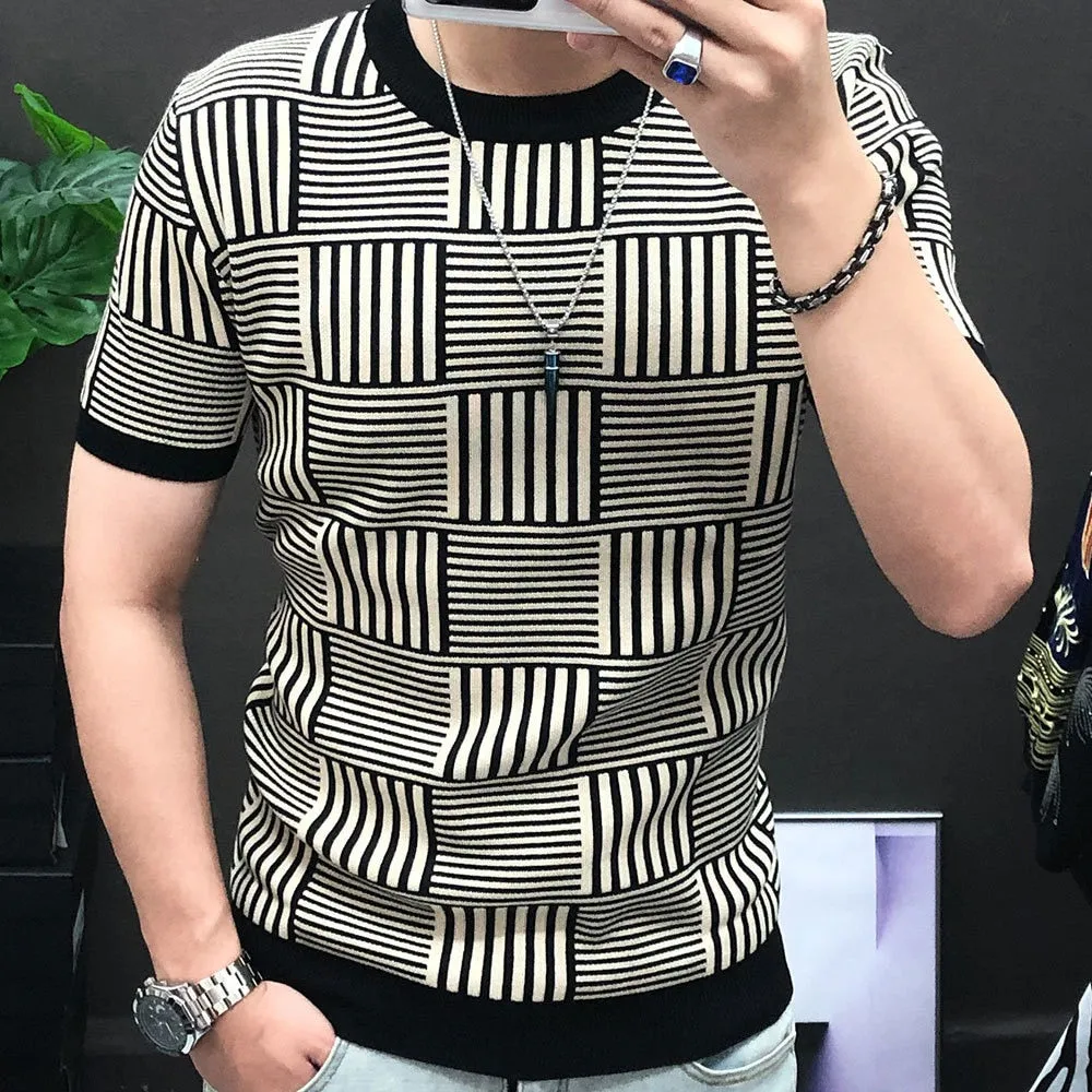 Men's High Elasticity Contrast Diamond Checkered Knitted Streetwear T-Shirt