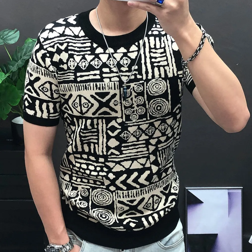 Men's High Elasticity Contrast Diamond Checkered Knitted Streetwear T-Shirt