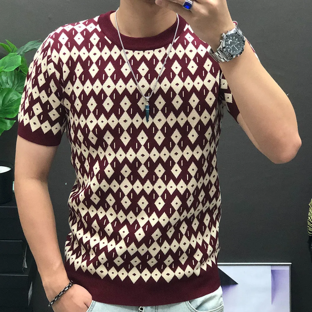 Men's High Elasticity Contrast Diamond Checkered Knitted Streetwear T-Shirt